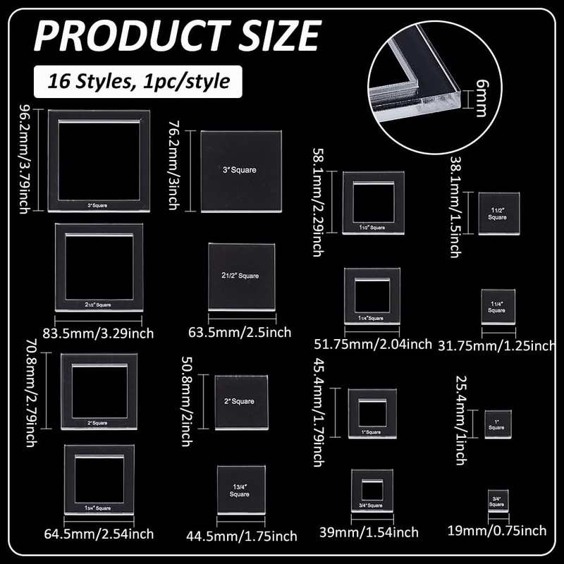 BENECREAT 16 Sizes Square Quilting Template, Acrylic Intricate Sewing Machine