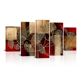 sechars Large 5 Piece Abstract Canvas Wall Art Gold Ginkgo Leaf Paintings Prints Modern Burgundy and Brown Home Living Room Wall Decoration (Red)