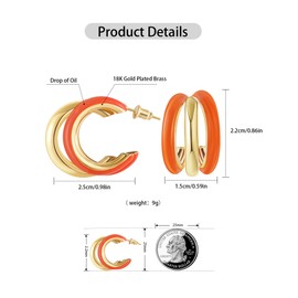 Gold Triple Hoop Orange Earrings, Thick Three Open Jewelry for Women