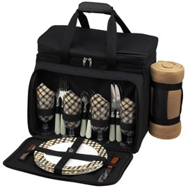 Picnic at Ascot Equipped Insulated Picnic Cooler With Blanket, Black With London Plaid