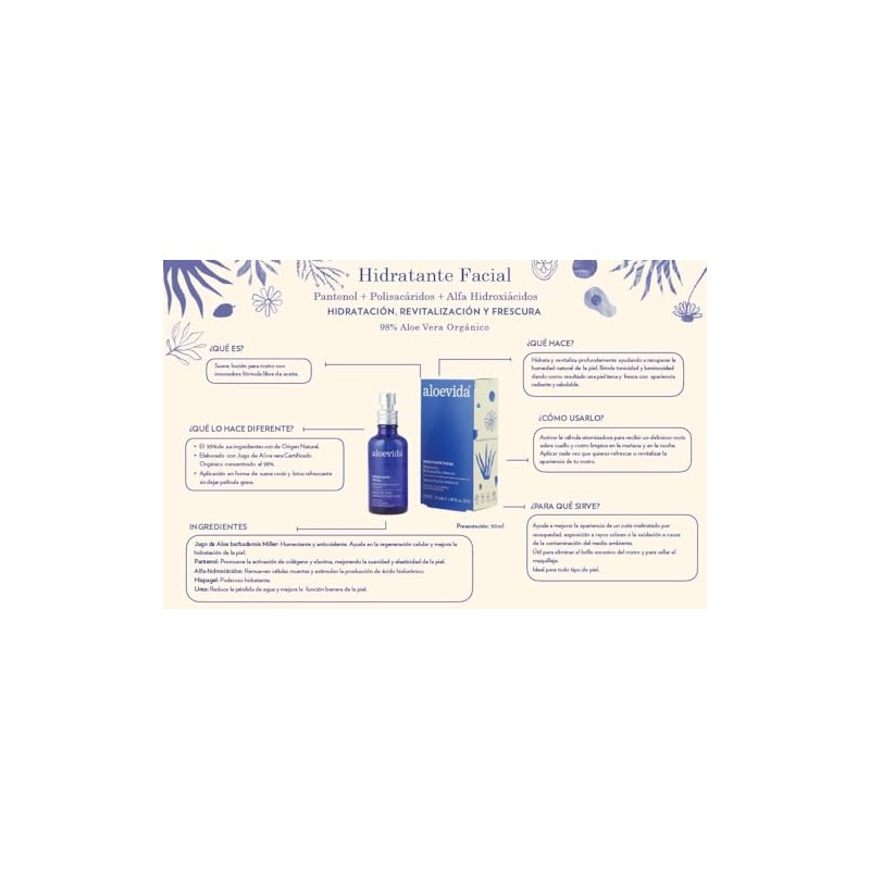 Aloevida Hidratante Facial 98% Aloe vera orgánico 50 mL