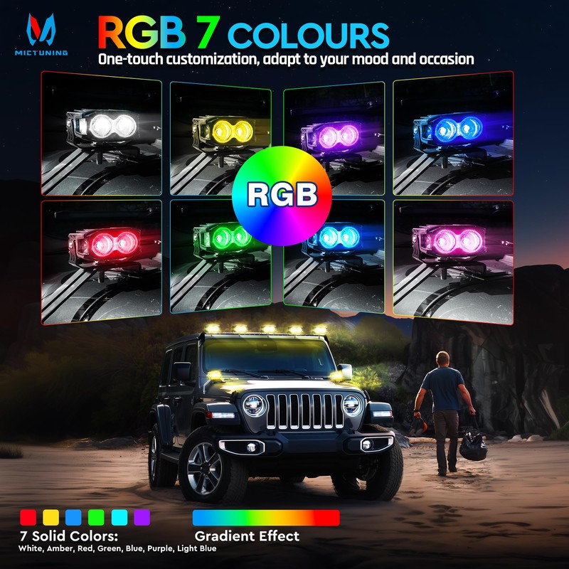 MICTUNING 4 Inch 56W LED Pods, RGB 7-Color Gradient Mode