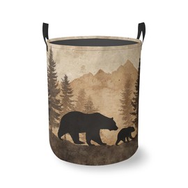Vintage Forest Bear Round Laundry Hamper Storage Basket Toys Clothes Organizer Bin For Home Bathroom Bedroom Dorm Nursery