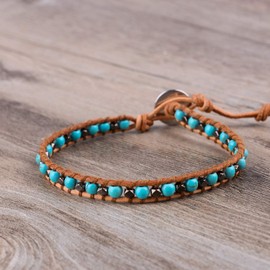 Kelitch Turquoise Beads Wrap Bracelet Natural Leather Adjustable Bracelets Crystal Beads Link Bracelets, Silver Plated