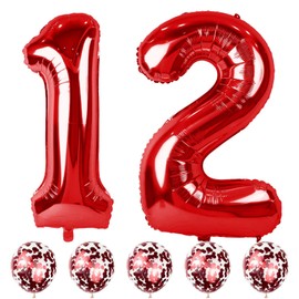 12th Birthday Balloons for Boys Girls, 40 Red Foil Number 12 Balloons with Confetti Latex Helium Balloons, Red Birthday Party Balloons Numbers 1 and 2 for Women Men 12th 21st Anniversary Decorations