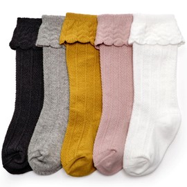 CozyWay Knee High Socks Newborn Infants Toddlers Girls 5 Pack Tube Ruffled Uniform Long Stockings