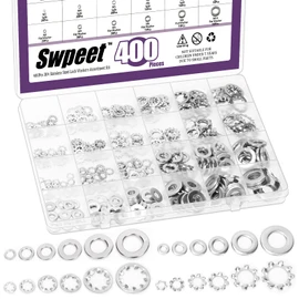 Swpeet 400Pcs 4 Styles #6#8#10 1/4" 5/16" 3/8" SAE Stainless Steel Lock Washers Assortment Kit, External Tooth Washers, Internal Tooth Serrated Lock/Split Lock/Flat Washer for Screws Bolts