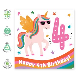 4th Birthday Card for Girls – Cute Unicorn with Rainbow Wings – Fun Card for Daughter, Niece, Granddaughter, Sister, Neighbour, Her, Little Children, Kids - Four Years Old -Comes with Stickers