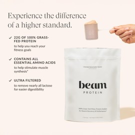 Beam Grass Fed Whey Protein Powder – Chocolate Peanut Butter, 12 Servings, 22g Protein Per Serving, Clean Whey Isolate & Concentrate, Low Carb, Paleo Friendly, GMO Free, Gluten Free, 3rd Party Tested