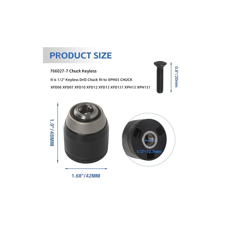 766027-7 Keyless Hand Drill Chuck 2-13MM Replace for Makita DHP484