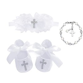 Bow Dream Baby Girl's Baptism Christening Shoes Headband Set with Faux Pearl Bracelet White 12-18 Months