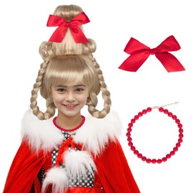 Koonfan Cindy Who Wig for Kids Girls Christmas Long Blonde Braids Hair with Red Bow and Necklace Cosplay Party Wigs