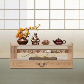 MhdunueSK Meditation Storage Table, 2 Tire Altar Table with Drawer, Desktop Organizer (Walnut Color)