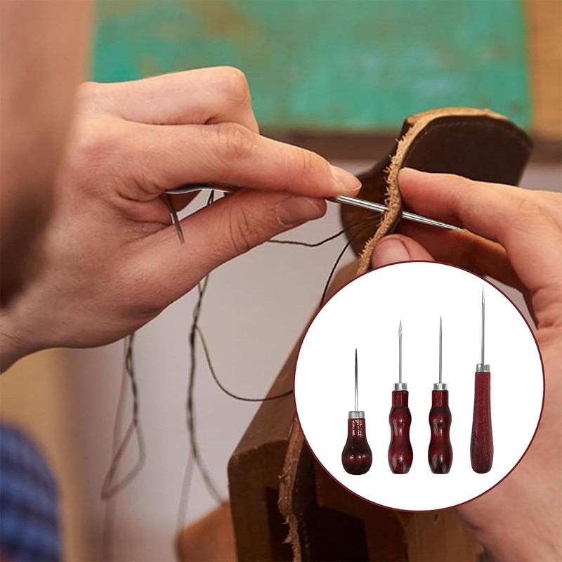 4 Pieces Wooden Handle Awl Tailors Awl Leather Sewing Tool