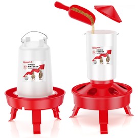 ZenxyHoC Chick Feeder and Waterer Set, Top Fill 0.4 Gal Feeder and 0.4 Gal Waterer with Scoop and 3 Adjustable Heights Legs Red