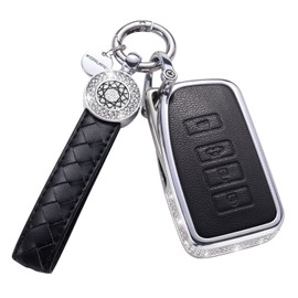 RUABIBAN for Lexus Key Fob Cover with Keychain, Black Genuine Leather Crystal Key Case Protection Shell Compatible with Lexus RX ES GS LS NX RS GX LX RC LC Smart Key