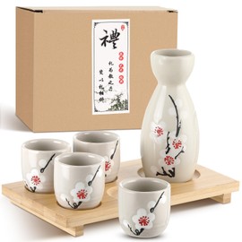 Skyley Japanese Sake Set with Tray Traditional Saki Cups Set Korean Soju Glass Ceramic Japanese Gifts for Cold Wine Holiday Christmas Gifts(Red,Plum Blossom)