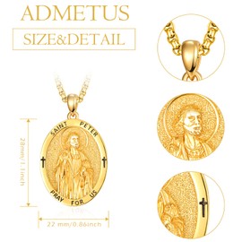 ADMETUS Gold Saint Peter Medal Sterling Silver St. Peter Medal Gold St Peter Pendant Necklace Protection Jewellery Religious Gifts for Men