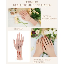 KUMIHO Realistic Silicone Female Hand Model Fake Hand for Jewelry Display Tattoo Training Practice Art Sketch with Nails, Right Hand - with Skeleton, White