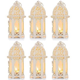 6 Pcs Moroccan Style Candle Lantern - Small Sized Tealight Candle Holder with Transparent Glass Panels Great for Patio, Indoors/Outdoors, Events, Parties and Weddings, White