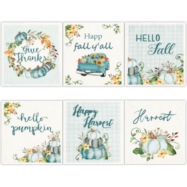 6PC Fall Swedish Dishcloths Thanksgiving Pumpkins Kitchen Dish Towels Set Blue Pumpkin Truck Kitchen Dishcloth Hello Autumn Hand Towels Happy Harvest Kitchen Give Thank Reusable Bathroom Decoration