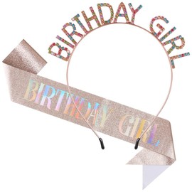 KAKULO Birthday Crown and Sparkling Sash for Women - Rhinestone Princess Headband and Happy Birthday Tiara Accessories