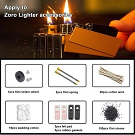 Ultimate Consumption Supplies Package for Petrol Fuel Lighter, (Spring Screw, Flint Stone, Cotton, Wick, Cotton Felt Pad & Rubber Felt Pad ，Tweezers) Compatible with Zoro lighters