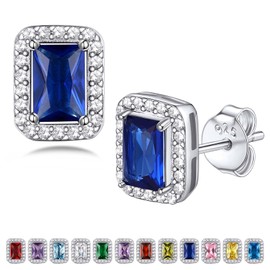 Bestyle Adorable September Sapphire Birthstone Stud Earrings 925 Sterling Silver CZ Square Gemstone Studs Earrings Birthday Gift for Daughter/Wife/Mom/Grandma
