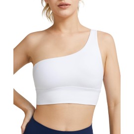 colorskin Women One Shoulder Sports Bra with Removable Pads Medium Support Workout Asymmetrical Left Shoulder Bra White XL