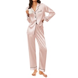 Ekouaer Silk Satin Pajama Set for Womens Button Up Long Sleeve Pjs Sleepwear Soft 2 Piece loungewear Champagne Large