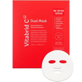 VITABRID C12 Máscara facial coreana de doble máscara para antienvejecimiento, reafirmante, hidratante, nutritiva con péptido altamente concentrado, esencia de vitamina C, hoja de microfibra hipoalergénica, 1.02 onzas líquidas, 5 hojas
