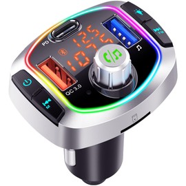 GizmoVine Bluetooth Adapter Auto, FM Transmitter Auto mit Dual USB Anschlüsse QC 3.0 Typ-C PD Schnellladung, Unterstützung Handy Freisprechanlage, Musik MP3 Player, SD-Karte, 7 RGB Beleuchtungsmodi