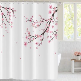 Hnmdmyi Shower Curtain, Cherry Blossoms, 120 x 200 cm, Pink Flowers Shower Curtains, Japanese Asian Style, Sakura Art Bath Curtain, Waterproof, Polyester Fabric, Washable Bath Curtain for Bathroom