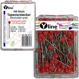 0717-RO 100-Piece Wallpapering Pins with Plastic Head Red Approx. 60 mm Jewellery Pins Large