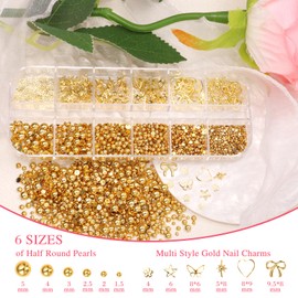 2 Boxes Metal Gold Nail Charms and Gems, 3D Alloy Crown Heart Planet Nail Gems Charms, Golden Bows Star Nail Studs, Gold Pearls Beads for Nails Art Designs DIY Accessories