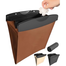 [Hook & Tape to Fix W with Tape] Car Trash Can Slim (Includes 20 Bags) Car Trash Can Garbage Bin, Car Supplies, Brown
