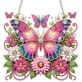MEIYUDA Butterfly Diamond Art Hanging Kit, 5D Flowers Butterfly Diamond Painting Window Ornament for Adults, Colorful Special Shape Rhinestone Acrylic Pendant for Home Garden Wall Decor Gift