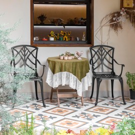 NUU GARDEN Patio Chairs Set of 2 Outdoor Dining Chairs, Cast Aluminum Patio Dining Chairs with Armrest for Garden, Balcony, Backyard, Support 300 lbs, Black with Gold-Painted Edge