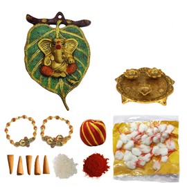 Wonder Care WC_Diwali- Combinaison de 2 Bracelets Rudraksha with la statue de la bénédiction de Ganesh / Panier Roli Chawal/Carte de voeux spéciale/(Combinaison murale Ganesh Diwali suspendue)