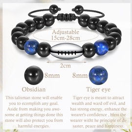 Twutqel ilasif Rugby Beaded Bracelet for Boys, Adjustable Black Woven Rope Tiger Eyes Obsidian Rugby Bracelet for Men, Birthday Graduation Gifts for Son Grandson Brother Friends Team (Blue Tiger Eye)