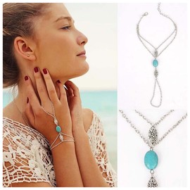 Andelaisi Boho Layered Finger Bracelet Silver Turquoise Finger Ring Bracelet Ring Link Wrist Bracelet Turquoise Slave Bracelet Jewelry for Women and Girls