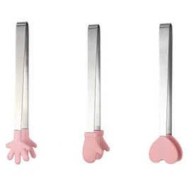 NentMent 3 Pack Mini Dessert Tongs Stainless Ice Cube Clip Pink Hand Heart Glove Shape Small Non-Slip Silicone Baking Bread Tong Clips for Kids BBQ Salad Candy Sugar Kitchen Tools Food Serving Utensil