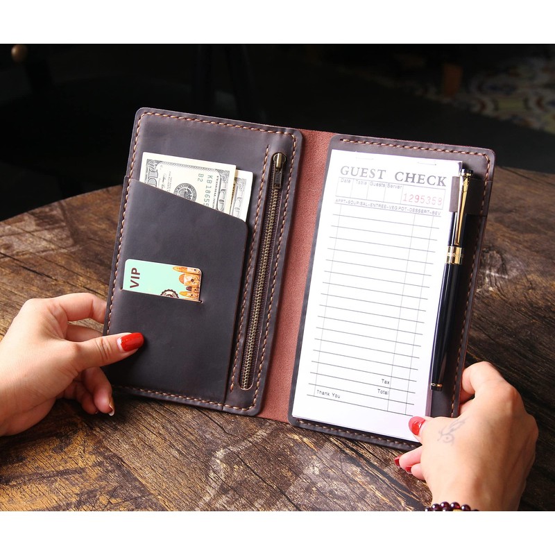 Server Book Organizer with Zipper Pocket, Genuine Leather Restaurant Guest