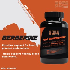 Pro Berberine - 90 Vegetarian Capsules – 500mg Berberine per Capsule – Supports Healthy Glucose Metabolism & Cholesterol Levels – Made in Canada | Base Pro Nutrition
