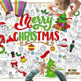 HOWAF Merry Christmas Coloring Poster with 24 pcs Paint Pens,Xmas Holiday Jumbo Paper Coloring Banner, Christmas Giant Paper Coloring Tablecloth for Christmas Party Favors Kids Holiday Activities