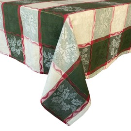 Lintex Golden Mistletoe and Ribbon Cotton Jacquard Christmas Fabric Tablecloth, Evergreen, Red Ribbon and Berry Woven Holiday Easy Care Cotton Weave Tablecloth, 52” x 70” Oblong/Rectangle