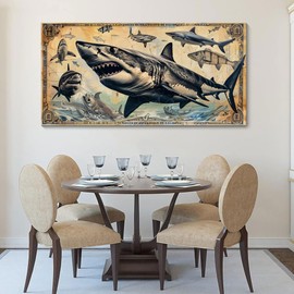 JEAWA Canvas Wall Art Decor - Large Creative Wall Art for Bedroom Living Room Bathroom, Modern Artwork Decor for Home Decoration, Big Fierce Sharks, 29x58 IN