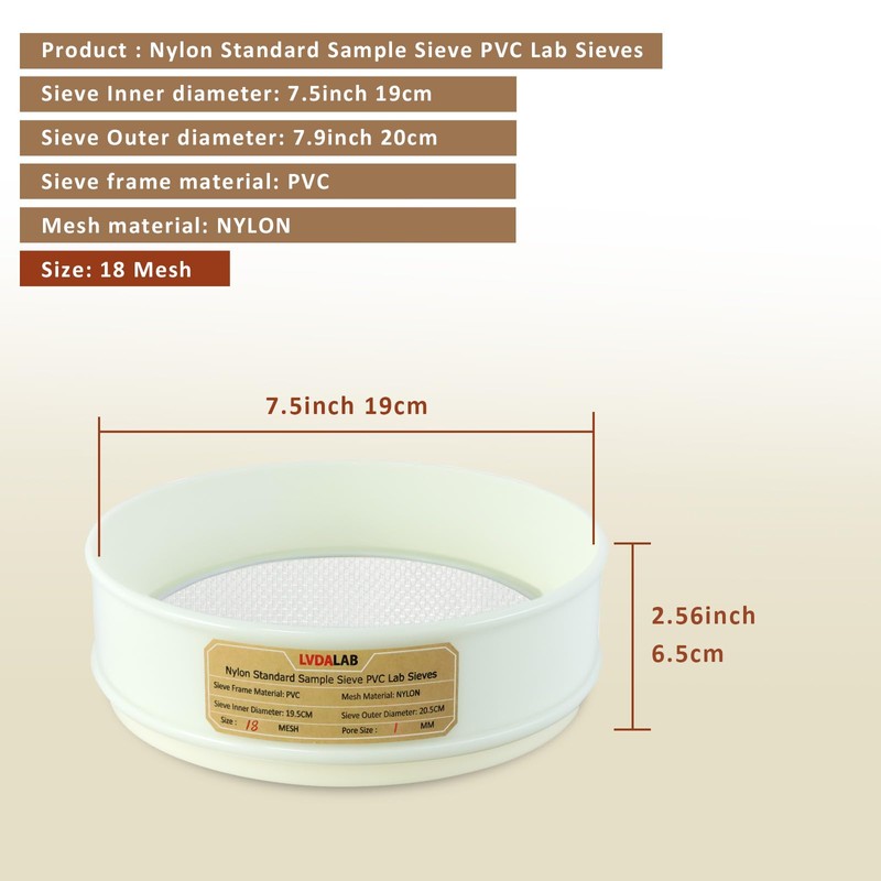 PVC Nylon Lab Sieve 18 Mes(1mm), LVDALAB 7.9Inch(20cm) Diameter Sample
