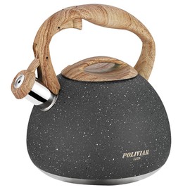 Poliviar modern induction kettle, stainless steel whistling kettle, tea kettle for all hobs, whistling kettle with wooden handle, kettle for tea & coffee, max. 3L, Stone-like, (Jx2018-GR20-DE)