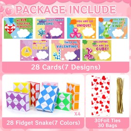 28 Pack Valentines Day Gifts for Kids, Valentines Students Gifts Snake Twist Fidget Toys with Cards for Kids Classroom School - Valentines Day Cards Bulk Party Favors for Kids Prizes Exchange